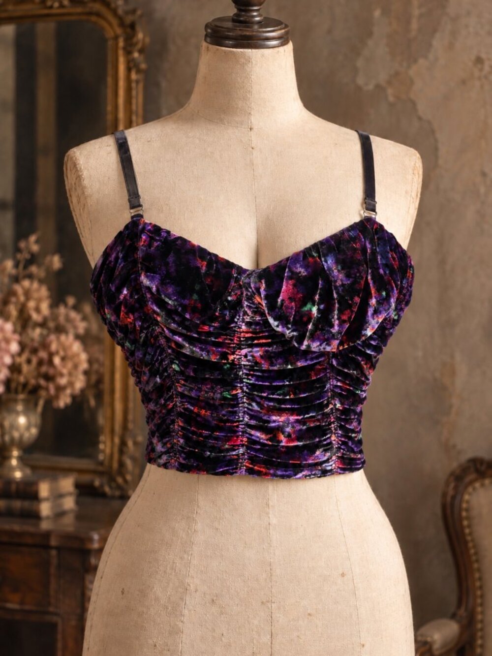 Ramy Brook Printed Capone Floral Velvet Ruched Crop Top NWT Size 8